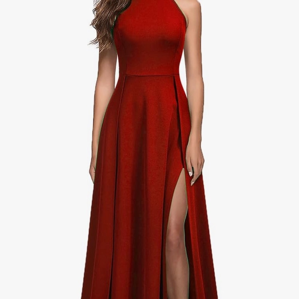 Red Halter Evening Gown with High Slit